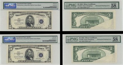 $5 Obstruction Caused By Fold in Uncut Sheet - Two Notes - 1953 dated Paper Mo