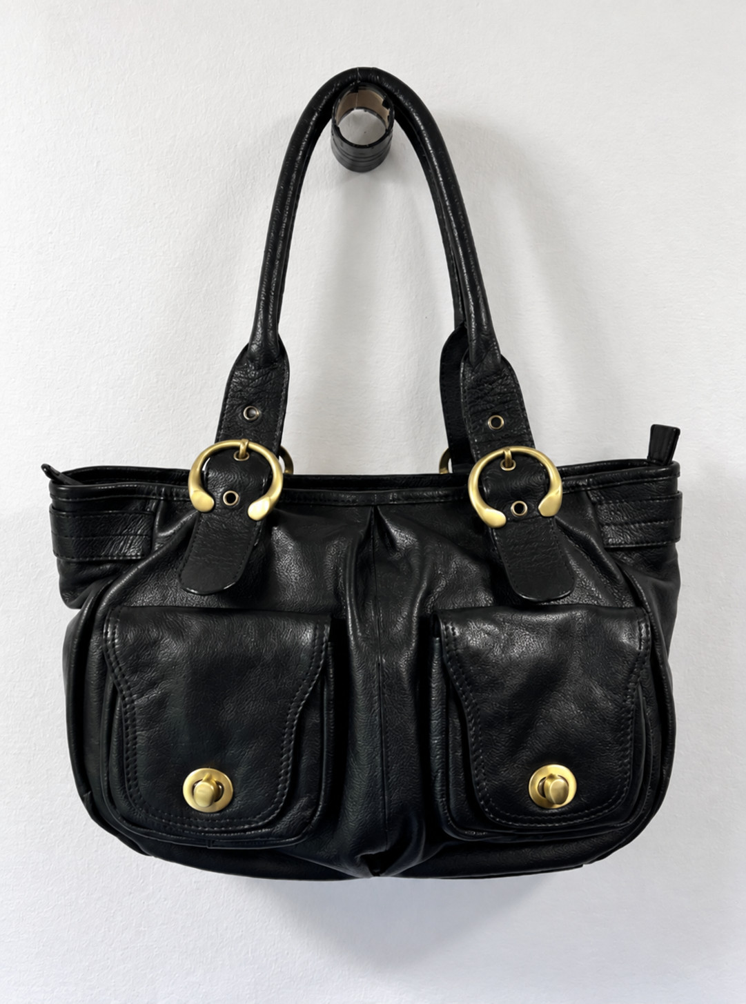 Arbella Black Genuine Leather Handbag Shoulder Bag Gold Hardware Pockets