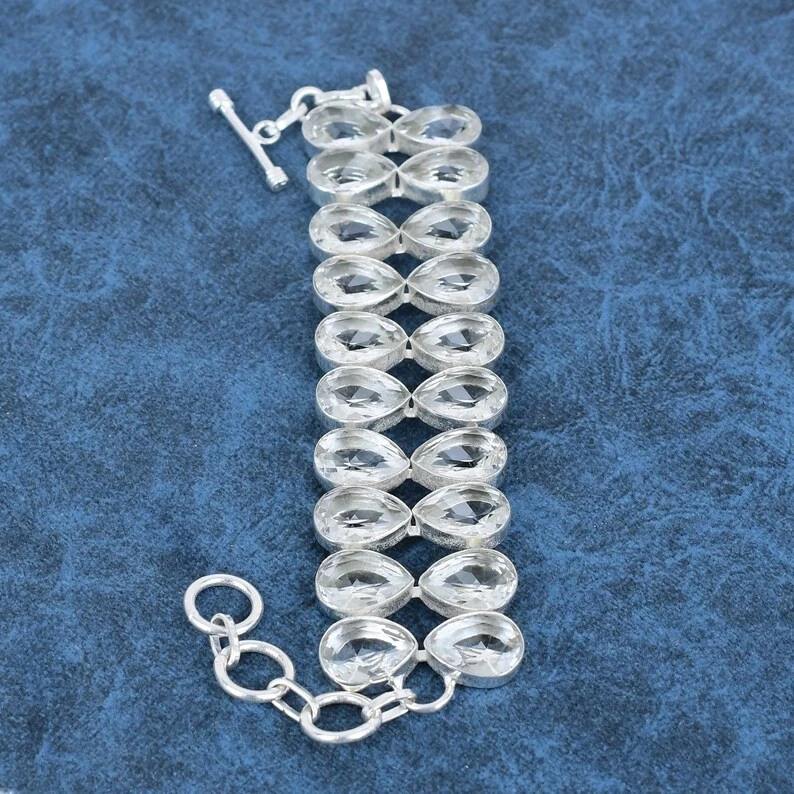 925 Sterling Silver White Topaz Gemstone Handmade Jewelry Bracelet-8" - Image 3 of 4