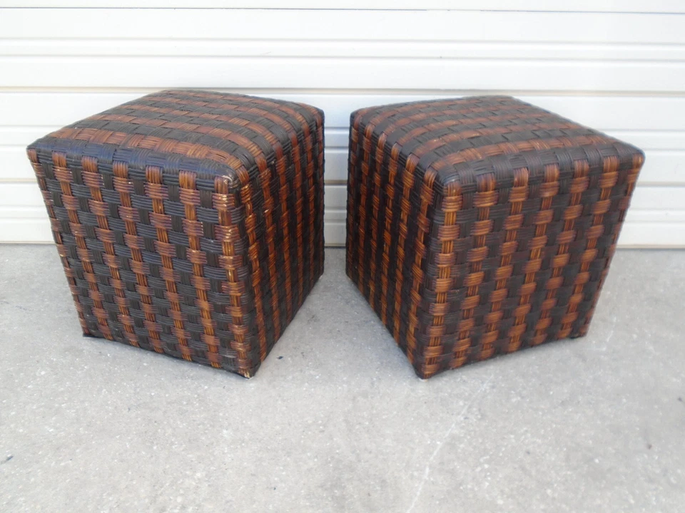 PAIR Pier 1 Vanity stools Bench for console table Rattan Bamboo Ottomans seats - Image 4 of 4