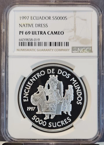 1997 ECUADOR SILVER 5000 SUCRES NATIVE DRESS NGC PF 69 ULTRA CAMEO SCARCE COIN