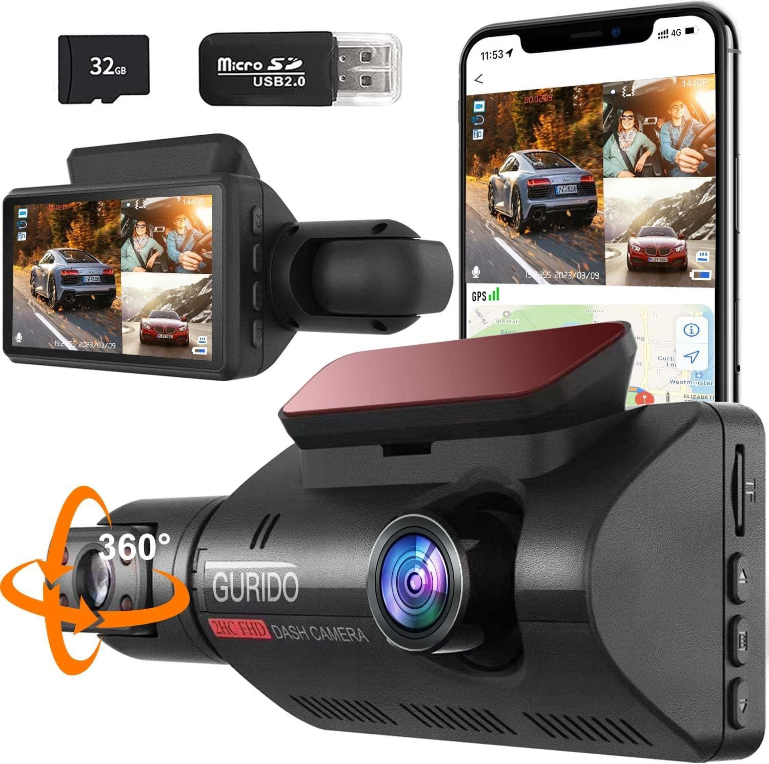 Dual Channel 360 Dash Cam with Front and Inside View, Includes 32G SD Card-image