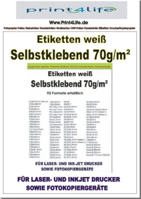 PRINT4LIFE Etiketten Klebeetiketten Etikett Bögen weiß DIN A4 Größe und Menge frei wählbar