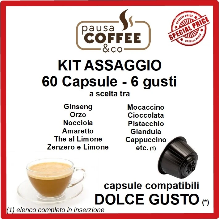PAUSACOFFEE KIT ASSAGGIO 60 capsule DOLCE GUSTO - Ginseng, Orzo, Nocciola, Pistacchio, etc.