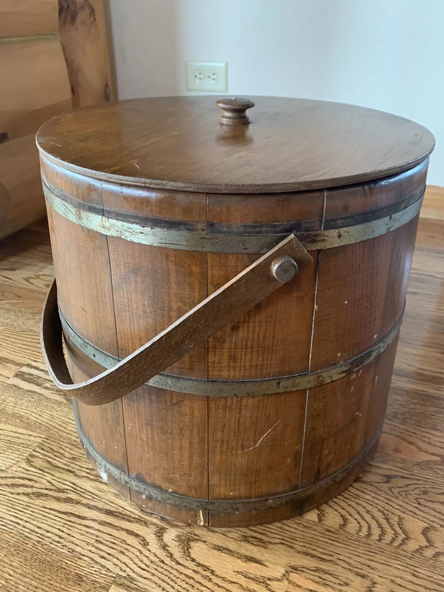 Vintage Large Primitive Wood Wooden Bucket with Lid
