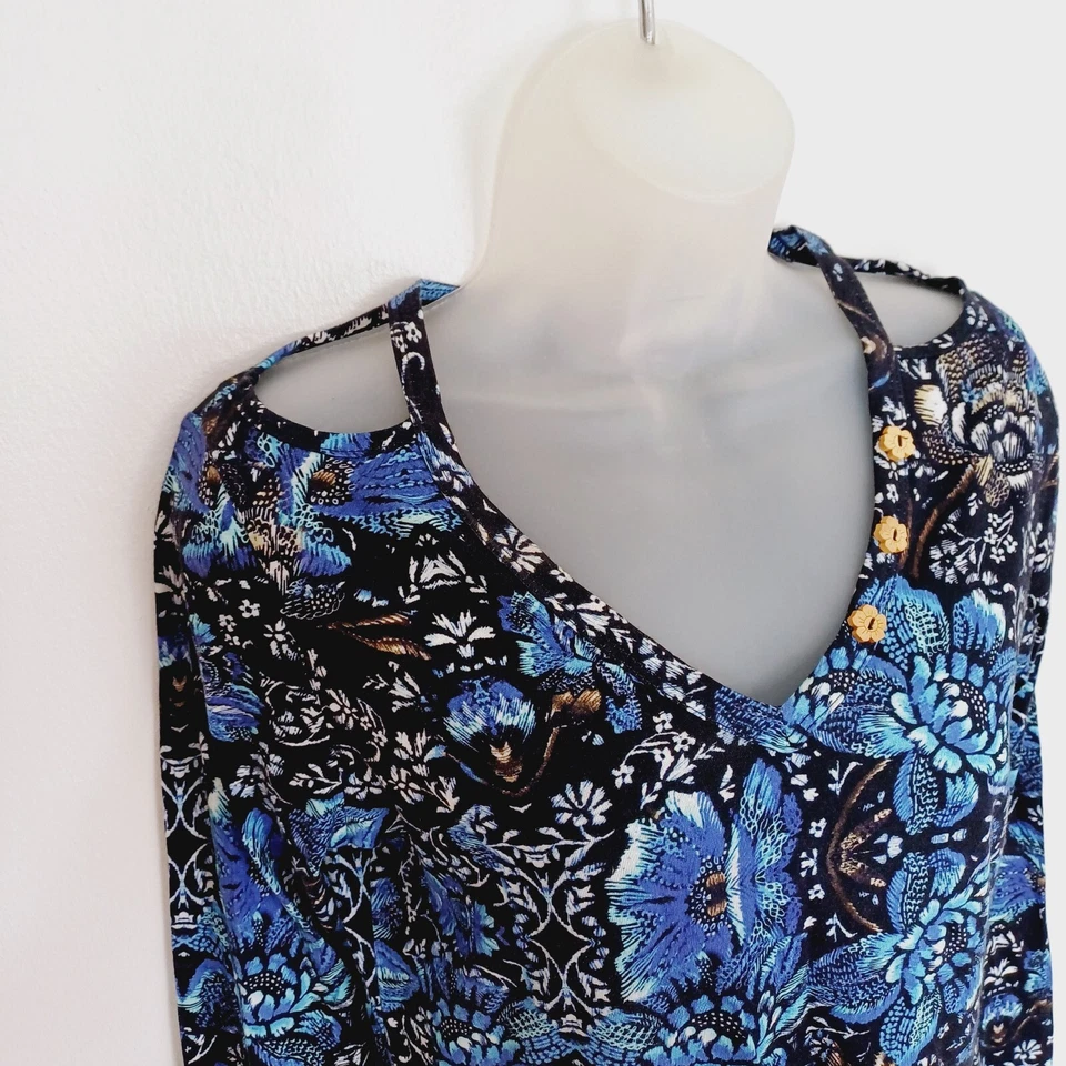 Joe Browns Top Size 8 Womens Blue Floral Cold Shoulder Asymetric Hem Boho Hippie - Image 3 of 4