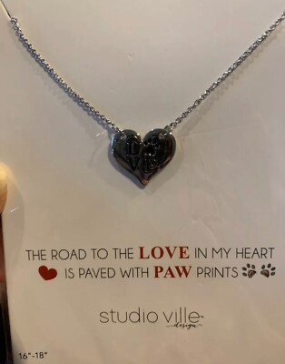 New Silver Metal Heart Necklace Paws For Love Dog Cat 16-18  Studio Ville NIP