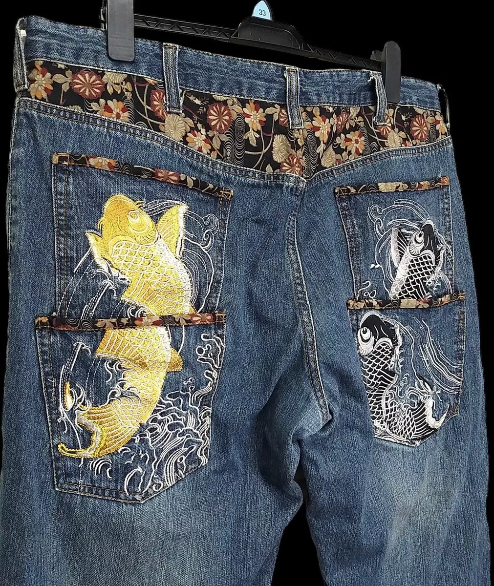 JAPANESE BRAND DOMINATE HANDCRAFTED EMBROIDERY KOI/CARP FISH DENIM