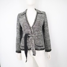 Ann Taylor Tweed Jacket Gray Fine Italian Fabric Belted Size 4P