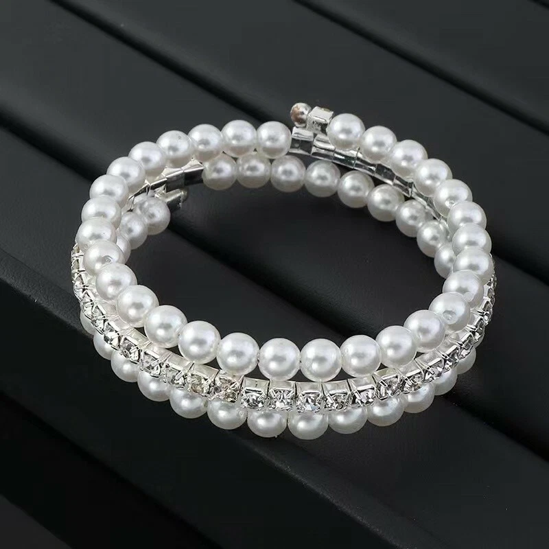 Women Multilayer Wrist Bracelet Shining Bling Pearl Crystal Party Wedding 0411 - Image 3 of 4