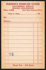 Vintage receipt MASONS SURPLUS STORE Phone 5-9459 Tulsa Oklahoma 1950s unused