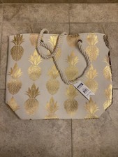 Cruise Club Canvas Tote Bag With Metallic Gold Pineapples Interior Pocket NEW