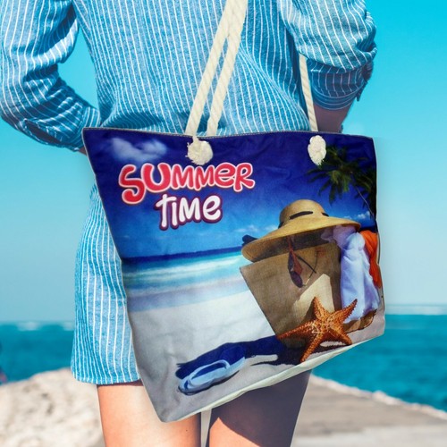 Large Zippered Canvas Beach Tote Bag with Matching Pouch and Rope Handles - Picture 5 of 7