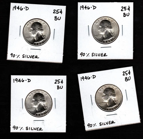 Lot of 4 1946 D- Washington Quarters- BU 90% Silver