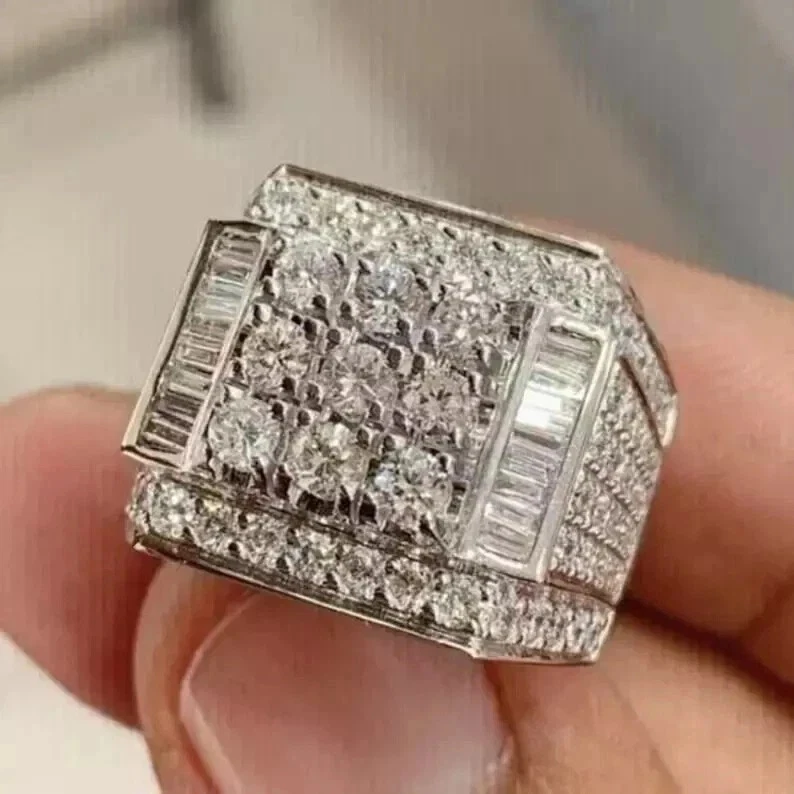 3 克拉圆形切割实验室钻石男式结婚戒指 14k 镀白金 — 第 3/4 张图片