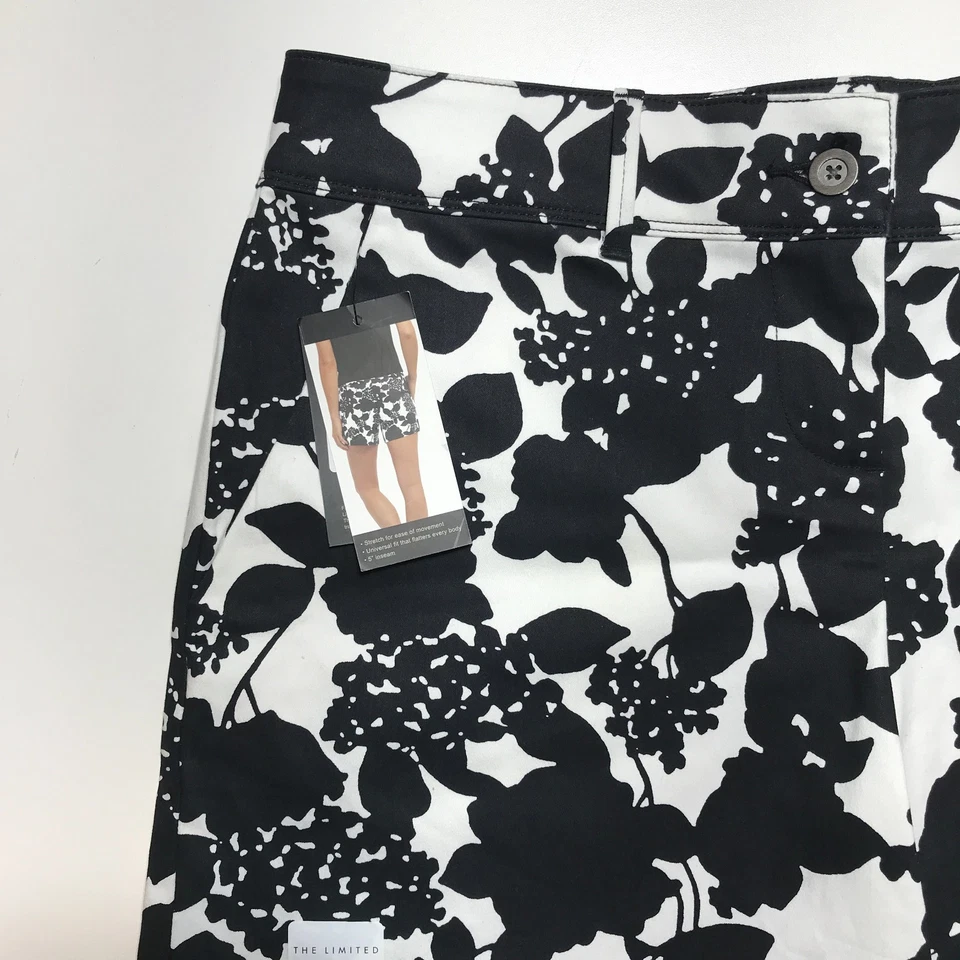 全新带标签 The Limited 女式定制短裤黑色和白色花卉印花斜纹布 12 码 — 第 3/4 张图片