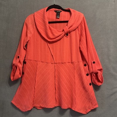 Ali Miles Cowl Neck Tunic Top Crinkle Size S Pink Roll Tab 3/4 Sleeve Artsy