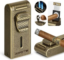 Torch Lighter with Adjustable Dual-Flame, Built-in Cigar Punch, Holder, Cutter, 