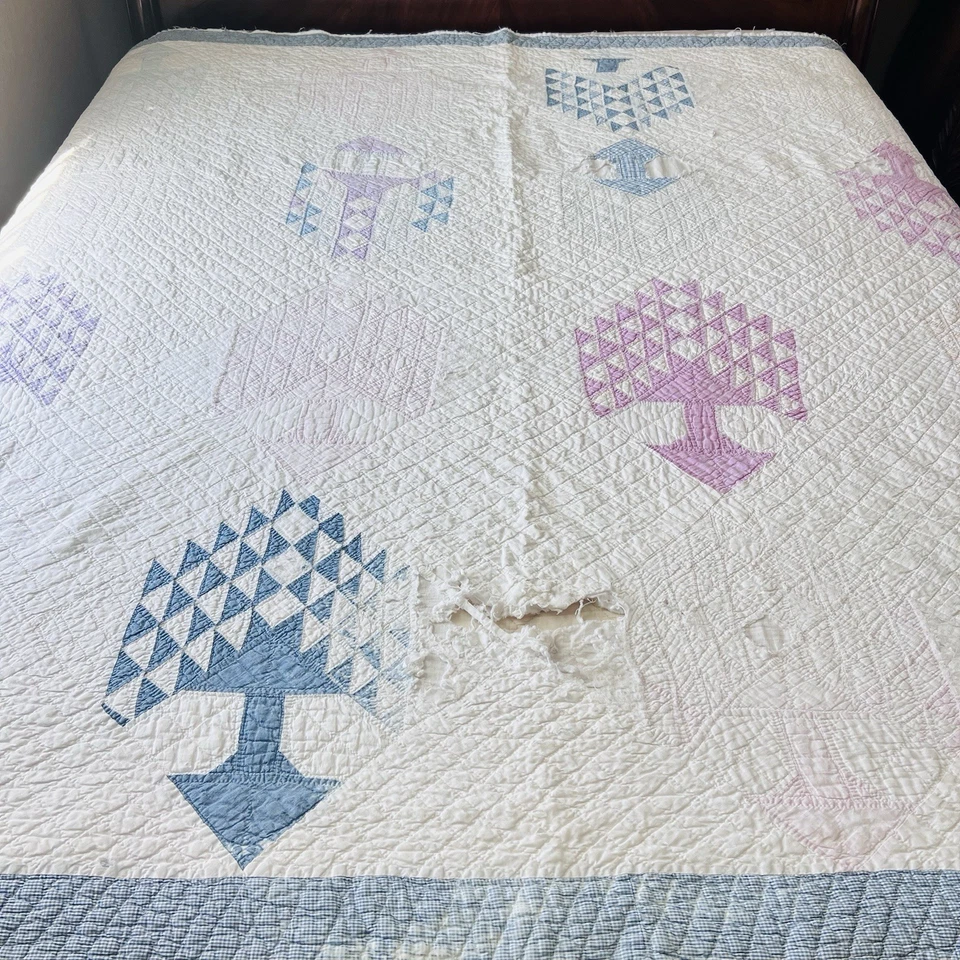 Vintage Hand-Quilted “Tree of Life” Quilt 75”x75” Hand Stitched Early 1900s - Image 4 of 4