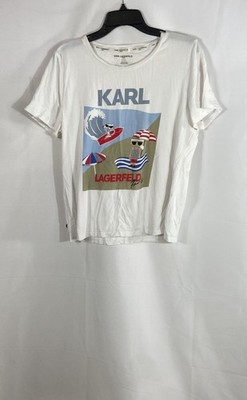 Karl Lagerfeld Women's White Choupette Beach Surf Graphic T-Shirt Size L