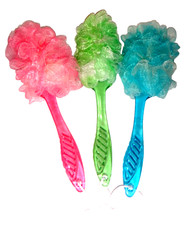 3-PC SET Loofah with Handle Shower Loofah Sponge on Stick Pink , Green , Blue
