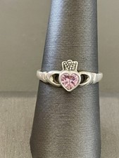 925 Sterling Silver Pink CZ October Birthstone Claddagh Ring. Size 7.75 (BX43)