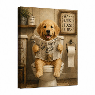 ''Daily Bark'' Funny Golden Retriever Bathroom Canvas Art  