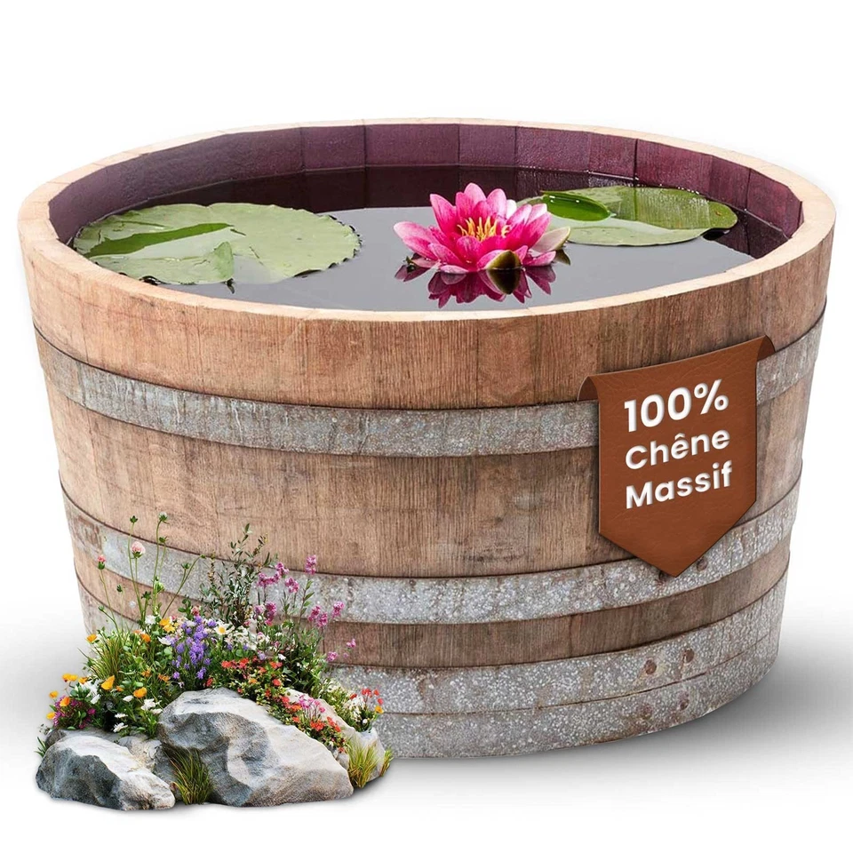 Demi-tonneau en bois de chêne, mini-étang,pot de fleurs, Mini bassin, Moitié - Photo 1/4