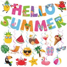 Summer Beach Party Decorations - Pre-Strung Hello Summer Banner and 16 Hangin...