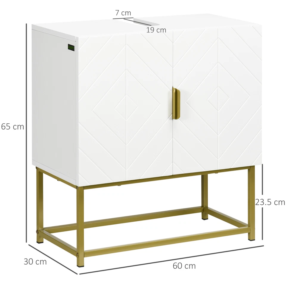 Bathroom Sink Cabinet Wooden White 60W x 30D x 65H cm Embossed Gold Double Door - Image 3 of 4