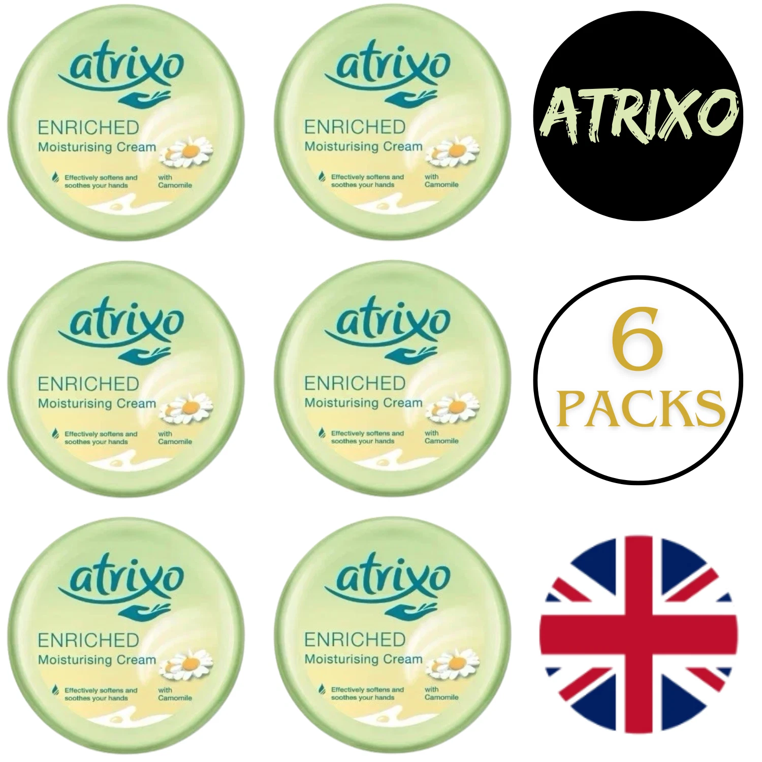 6 X 200ml Atrixo Enriched Camomile Moisturising Hand Cream Non-Greasy Formula
Opens in a new window
