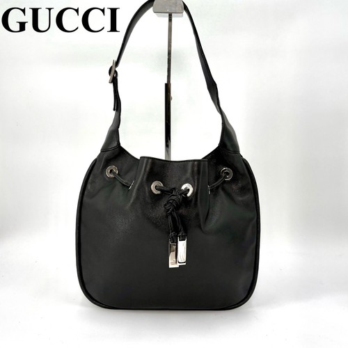 GUCCI Tom Ford Black Leather Drawstring Shoulder Bag Silver Logo Hardware Auth