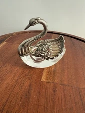 Vintage German 835 AB Sterling Silver & Crystal Swan Salt Pepper Cellar