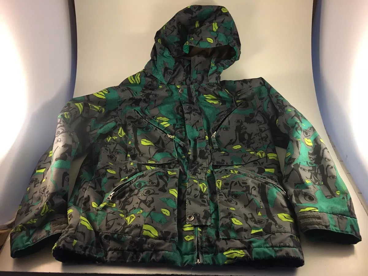 Volcom Transition Ski Jacket S Green All Over Print Lips Eyes Snowboard Coat