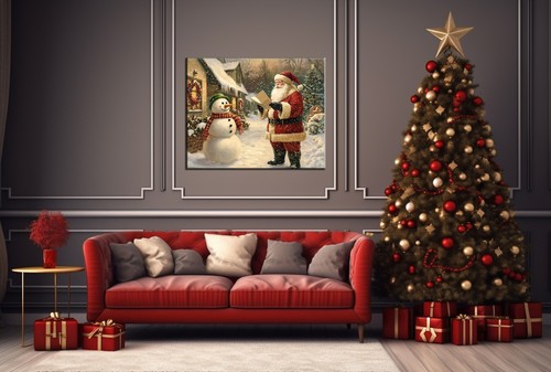 Papá Noel con muñeco de nieve decoración de Navidad, impresión Giclée, decoración navideña vintage - Imagen 8 de 8