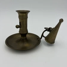 Antique Brass Bed Chamber Candle Holder w/ Finger Loop Handle & Candle Snuffer