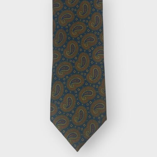 Isaia Napoli 7 Fold Repp Tie | Brown Blue Paisley | Long | 100% Silk | Italy