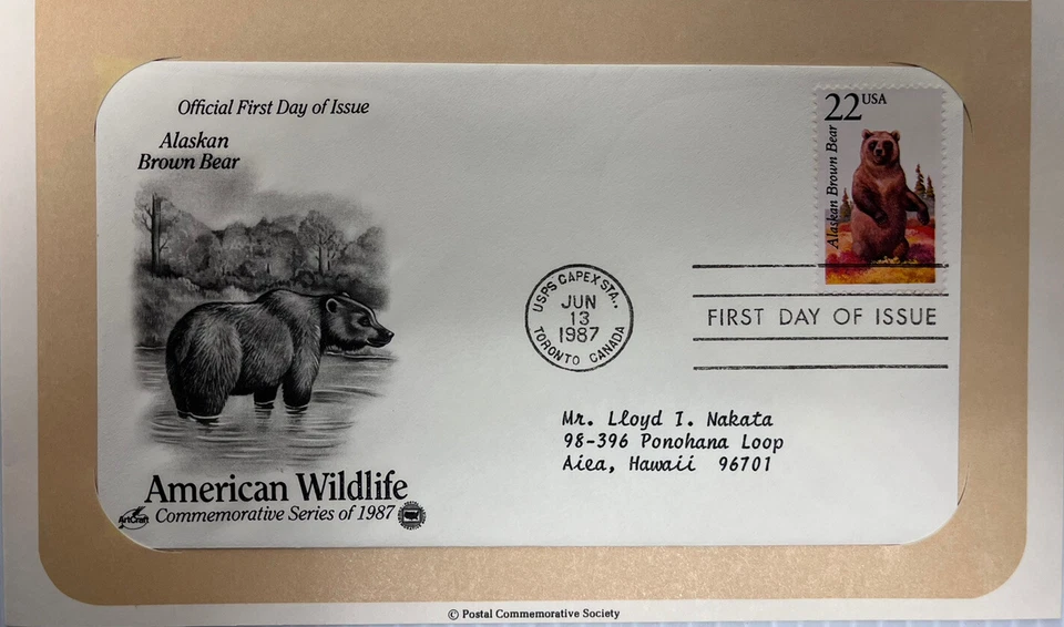 American Wildlife Mail Cover FDC & Info Sheet Alaskan Brown Bear 1987 - Image 3 of 4