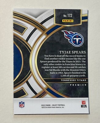 2023 Panini Select Tyjae Spears Premier RC #172 Tennessee Titans