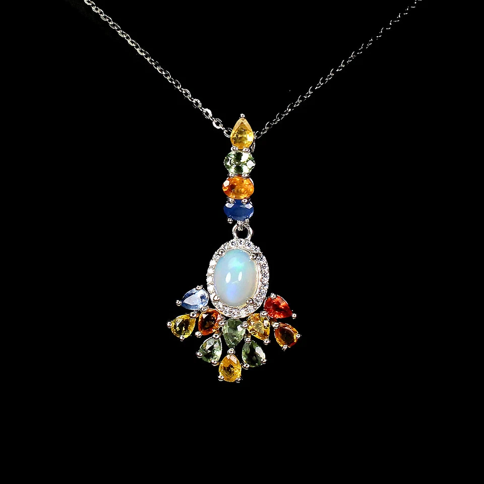 Ожерелье из стерлингового серебра 925 пробы с овальным огненным опалом 8x6 мм сапфир ювелирные изделия 18 дюймов - Изображение 2 из 4