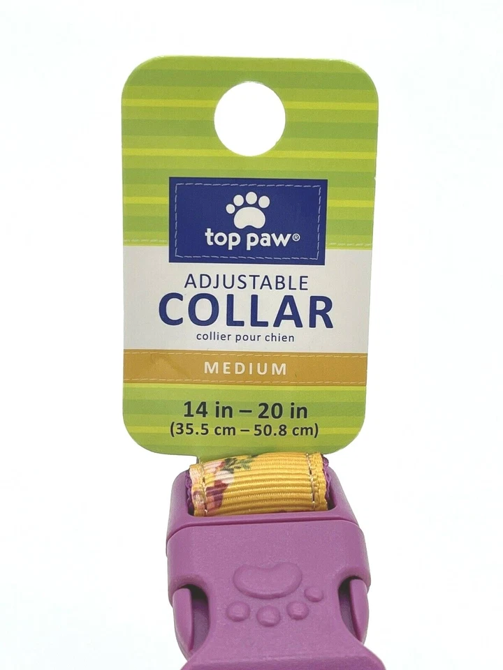 Top Paw Adjustable Dog Collar YELLOW PURPLE w FLORAL CHARM 14" - 20" MEDIUM - Image 2 of 4