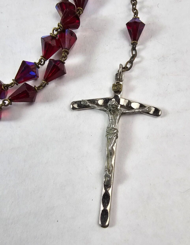 Antique Faceted Ruby Glass Crystal Rosary Beads Crucifix Catholic ...