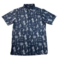 Bad Birdie Mens Palm Tree Golf Polo Navy Blue White Short Sleeve Large