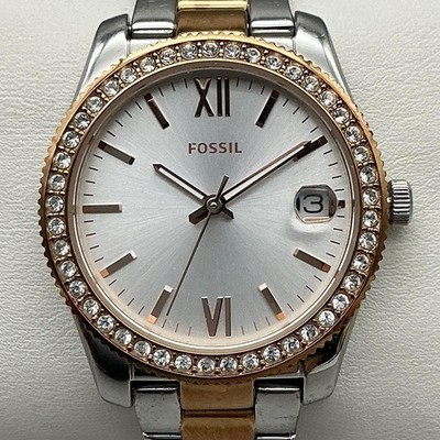Fossil Scarlette Womens Watch 32mm Two Tone Crystals Date New Battery 5.75''