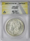1891-S Morgan Dollar $1 AU 50 Details Cleaned ANACS