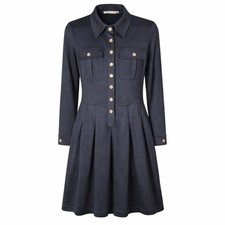 Tory Burch Silk Shirt Dress Womens S Navy Blue Gold Button Pleated L/S Midi Work