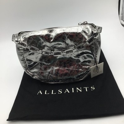 AllSaints Madea Mini Chain Bag Gunmetal Grey Metallic Leather W221XB NWT