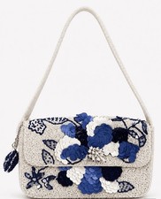Handbeaded Floral Sequin Shoulder Bag White Blue Beaded Evening Purse Clutch NWT
