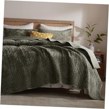Velvet Quilt California King Size 118''x106'', Lightweight Olive Green Velvet