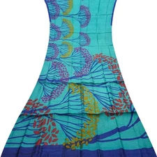 Namaste Vintage Teal Sarees 100% Pure Silk Floral Printed Sari 5YD Craft Fabric